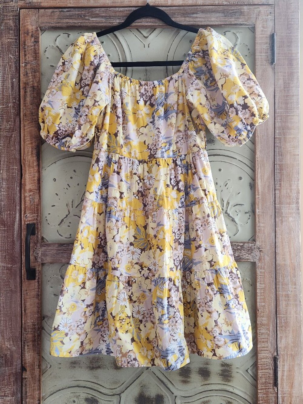 Sim & Sam Yellow Multi Floral Off The Shoulder Tiered Hem Cotton Dress | Small